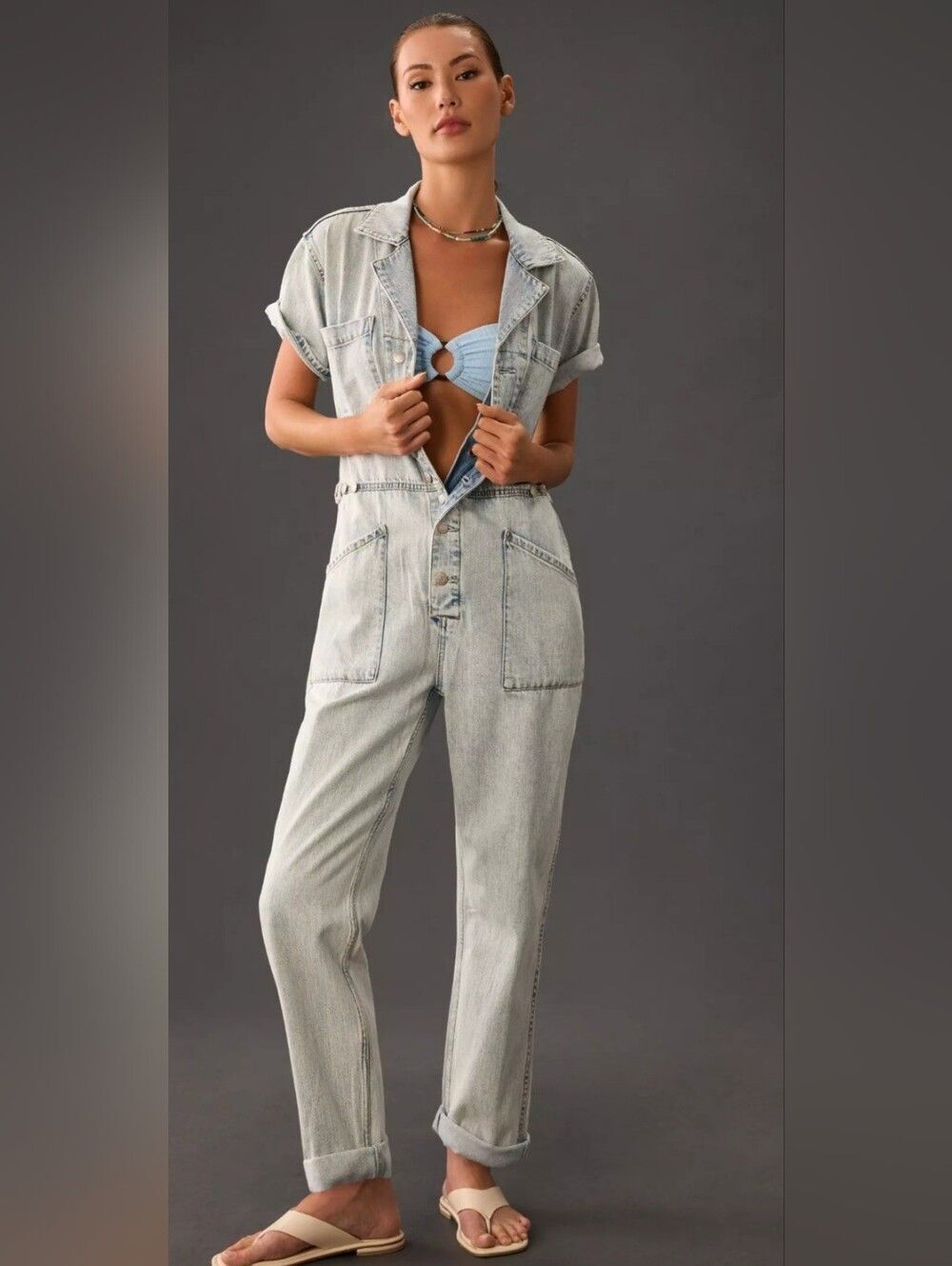 Skies Are Blue Light Blue Denim Short-Sleeve Jumpsuit. Size 1X. EUC